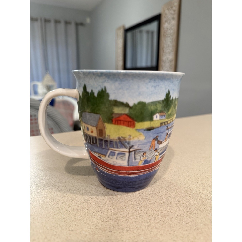 Coastal Cape Shore River Scene Boat Lobster Shack Fisherman Ceramic Coffee Mug